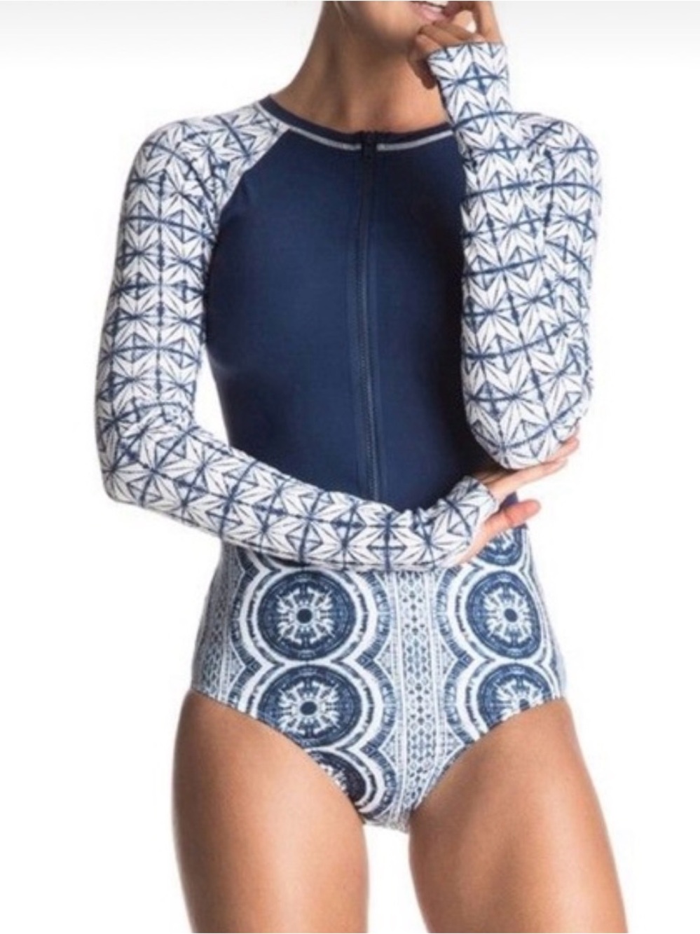 Roxy Visual Touch Long Sleeve One Piece Surf Swimsuit Rash Guard Size M EUC